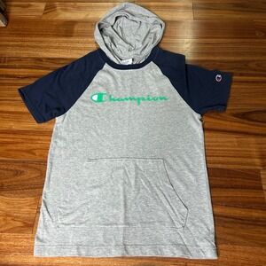 Champion Athleticwear Mens Short Sleeve Hoodie Gray Blue Raglan Logo Size S‎